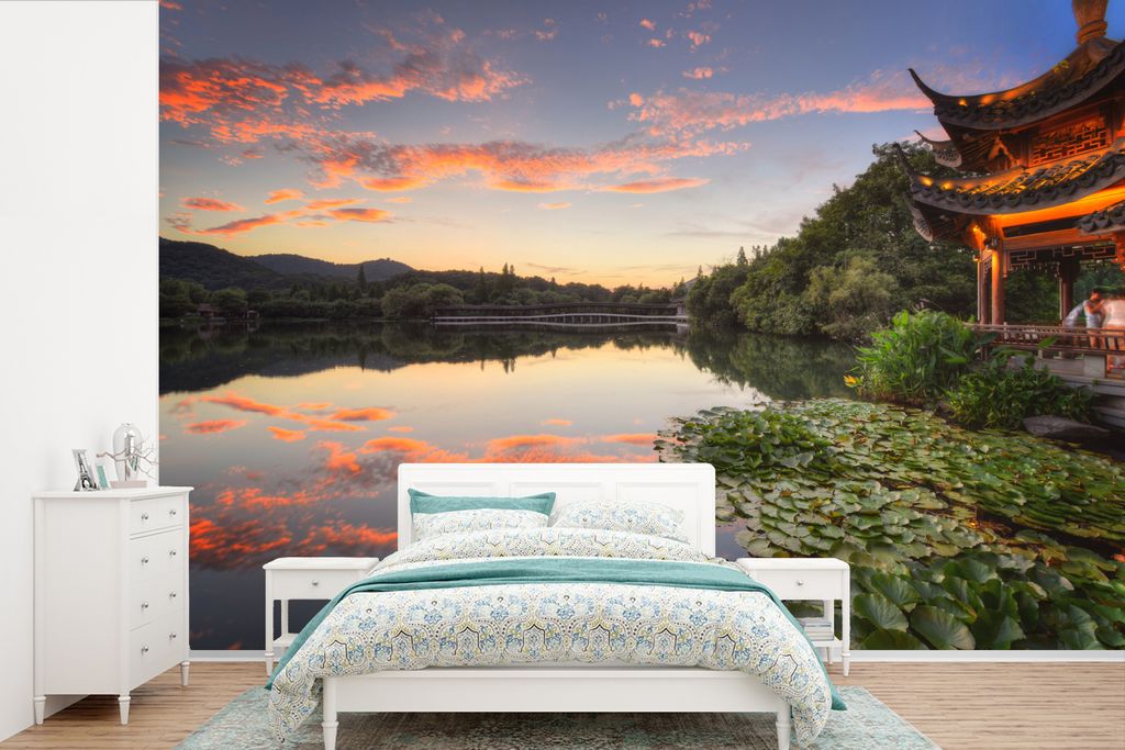 MuchoWow Fototapete für Wohnzimmer oder Schlafzimmer Wandtapete Vinyl Motivtapete Sonnenuntergang Hangzhou China - 525x350 cm - Das Hintergrundbild