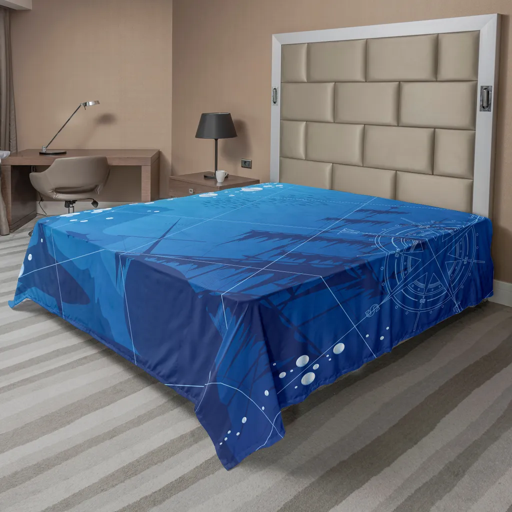 Drap plat nautique ABAKUHAUS motifs requins et vieux bateau 244x205 cm