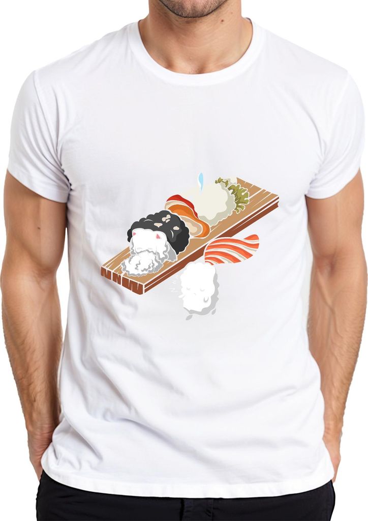Kawaii Sushi Niedlich Onigiri Nigiri Katze Cartoon Japan Anime Herren T-Shirt, Weiß, 3XL