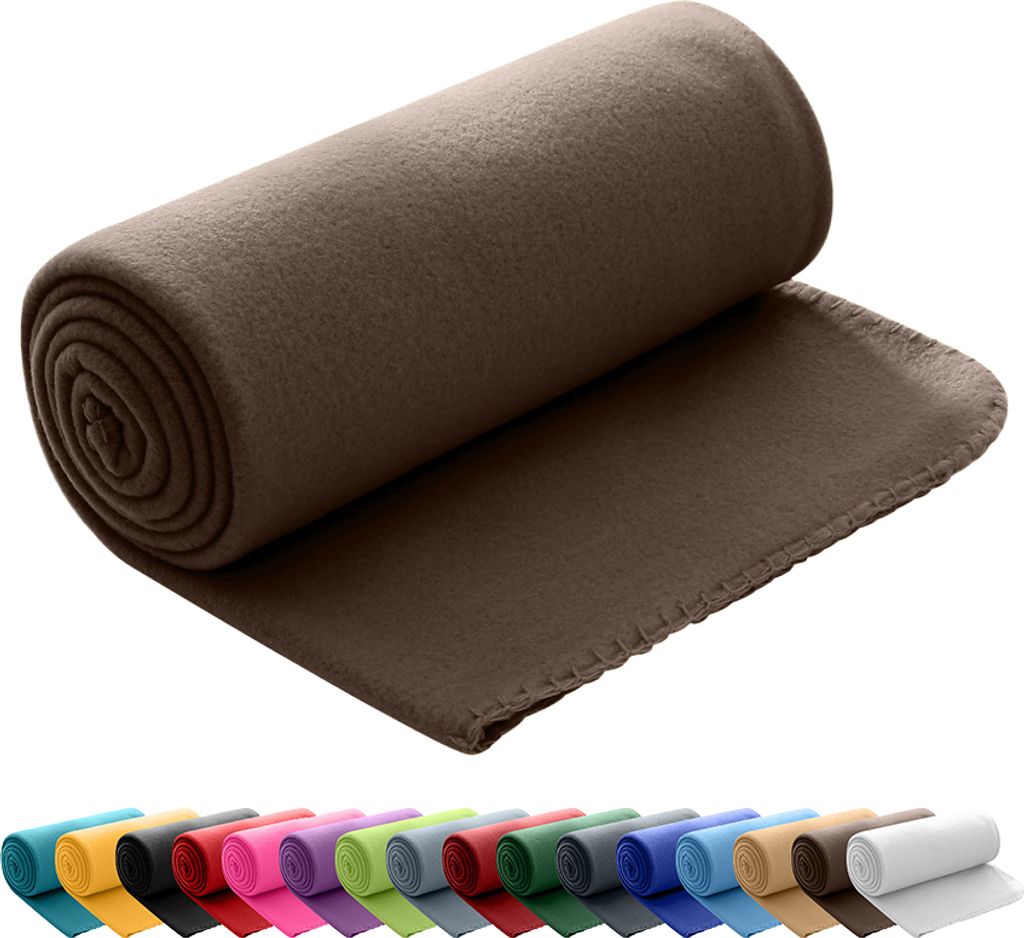 A rolled-up brown fleece blanket is shown with a row of other colored rolled blankets underneath.