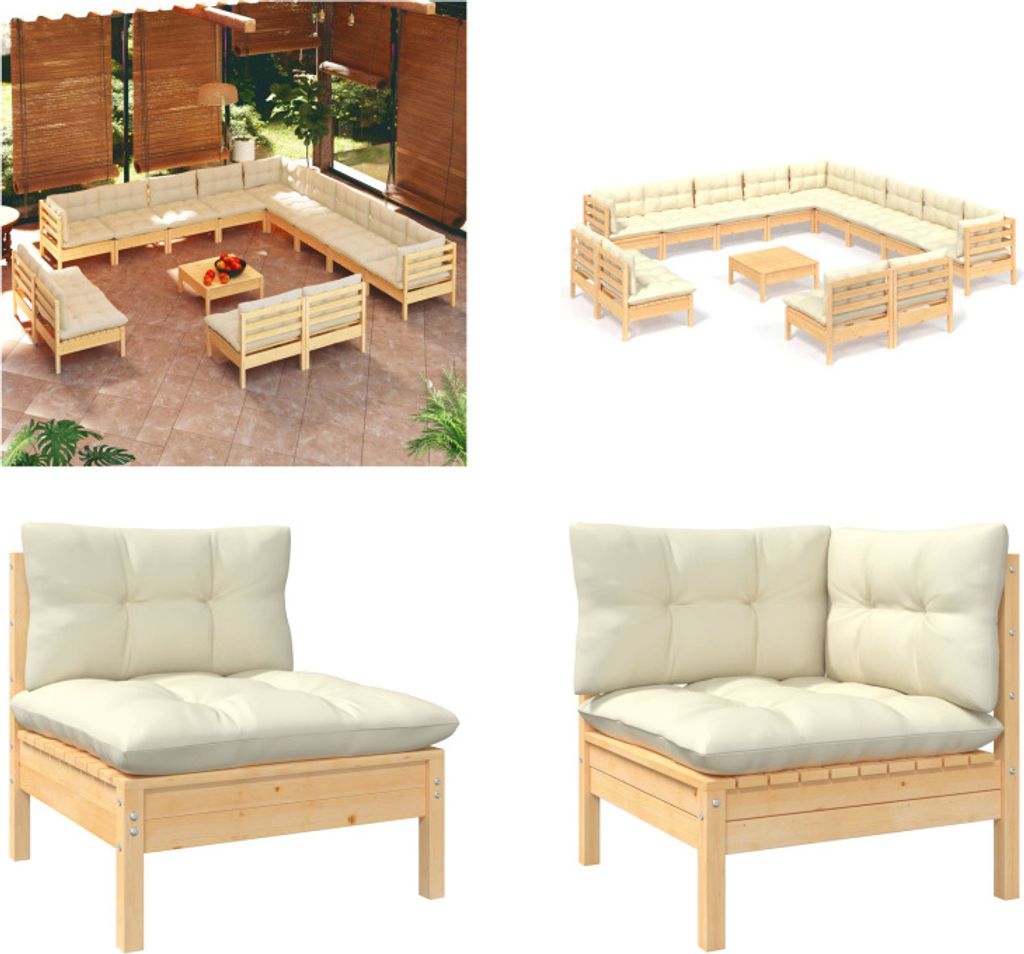 vidaXL 14 tlg. Garten Lounge Set mit Creme Kissen Massivholz Kiefer - Garten-Lounge-Set - Garten-Lounge-Sets - Gartenmöbel-Set - Gartenmöbel-Sets