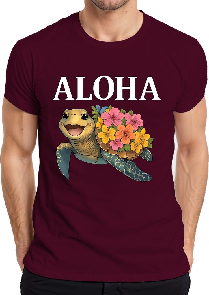 ALOHA Meeresschildkröte mit Blumen Hawaii Tropisch Sommer Strand Herren T-Shirt, Burgundy, M