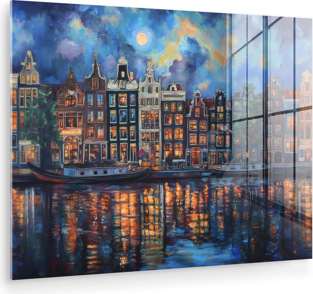 MuchoWow Glasbilder - Bilder auf Wandbild - Foto auf Glas Grachten Amsterdam - Häuser - Stadt - Farbenfroh 80x60 cm Wanddekoration aus Glas - Acry...