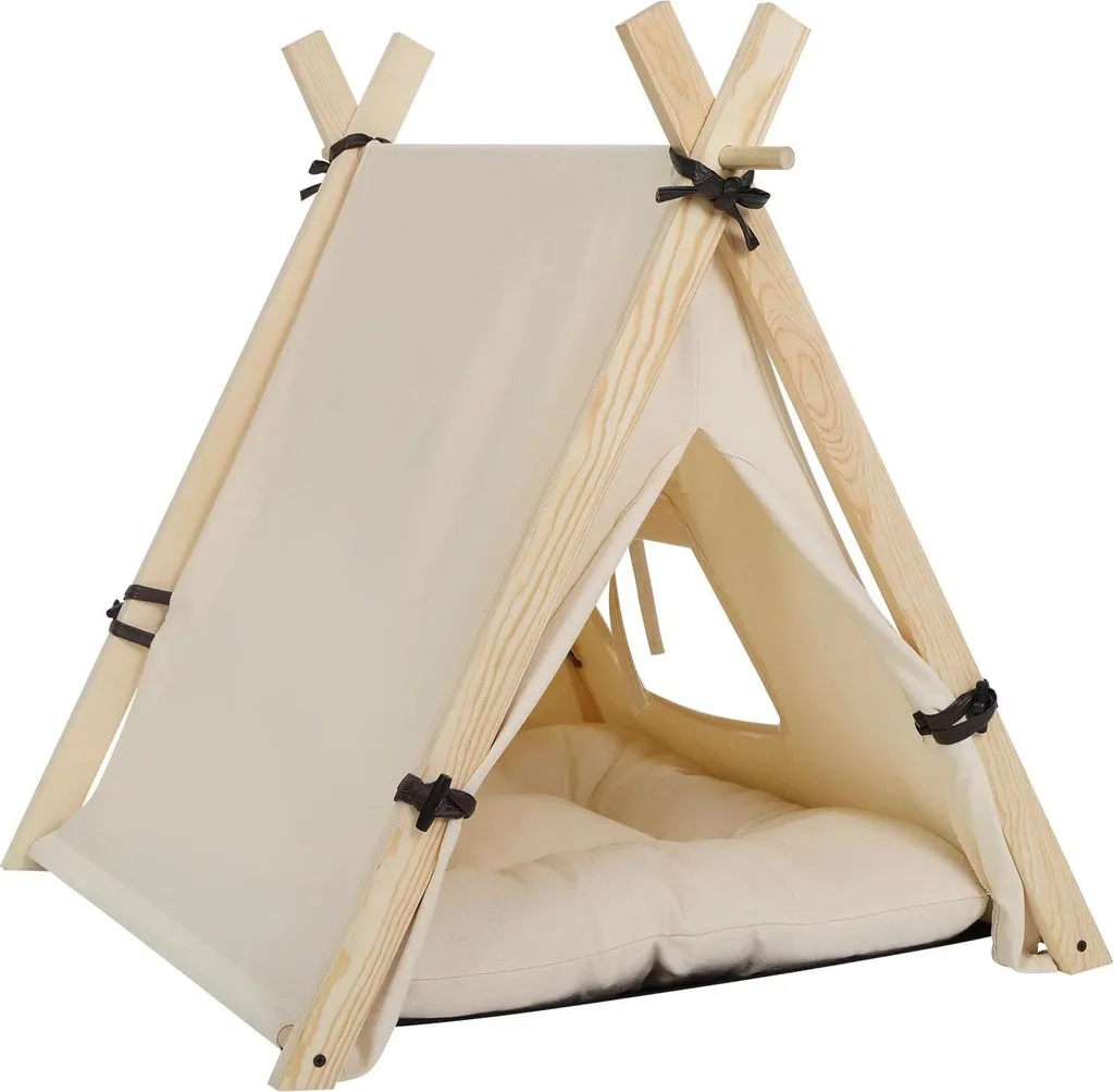 Tenda Tipi per animali - Tenda per cani/gatti - 45 x 55 x 45 cm - Per cani di piccola taglia - Struttura in legno, cuscino - Sfoderabile, lavabile - Nero
