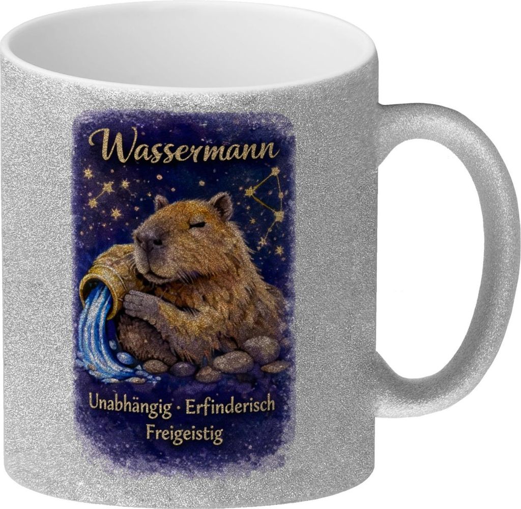 Wassermann Sternzeichen Cabybara Glitzer-Kaffeebecher für Astrologie Fans