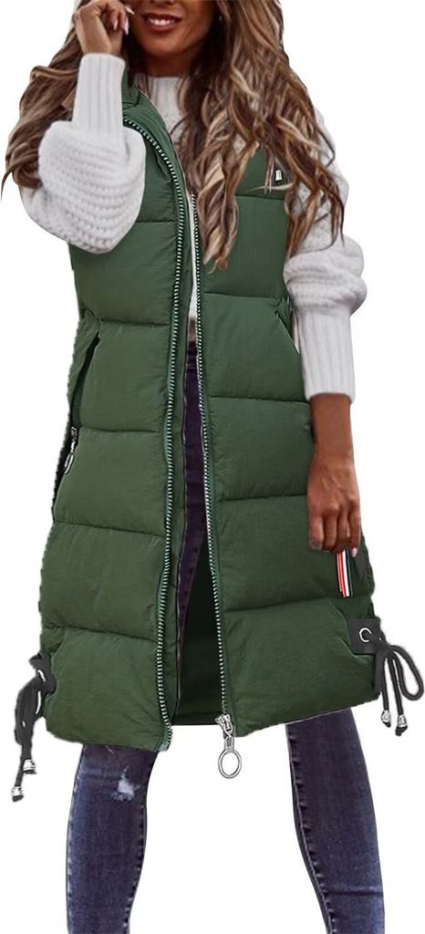 ASKSA Damen Daunenweste aermellose Lange Steppweste Winterjacke Mit Kapuze Mantel Daunenmantel, Gruen, 3XL