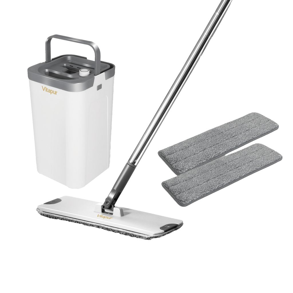 A mopping system with a bucket, mop, and two microfiber pads, displayed against a white background.