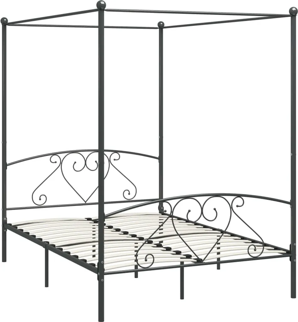 Lit à baldaquin double 160x200 cm en métal gris pour chambre adulte