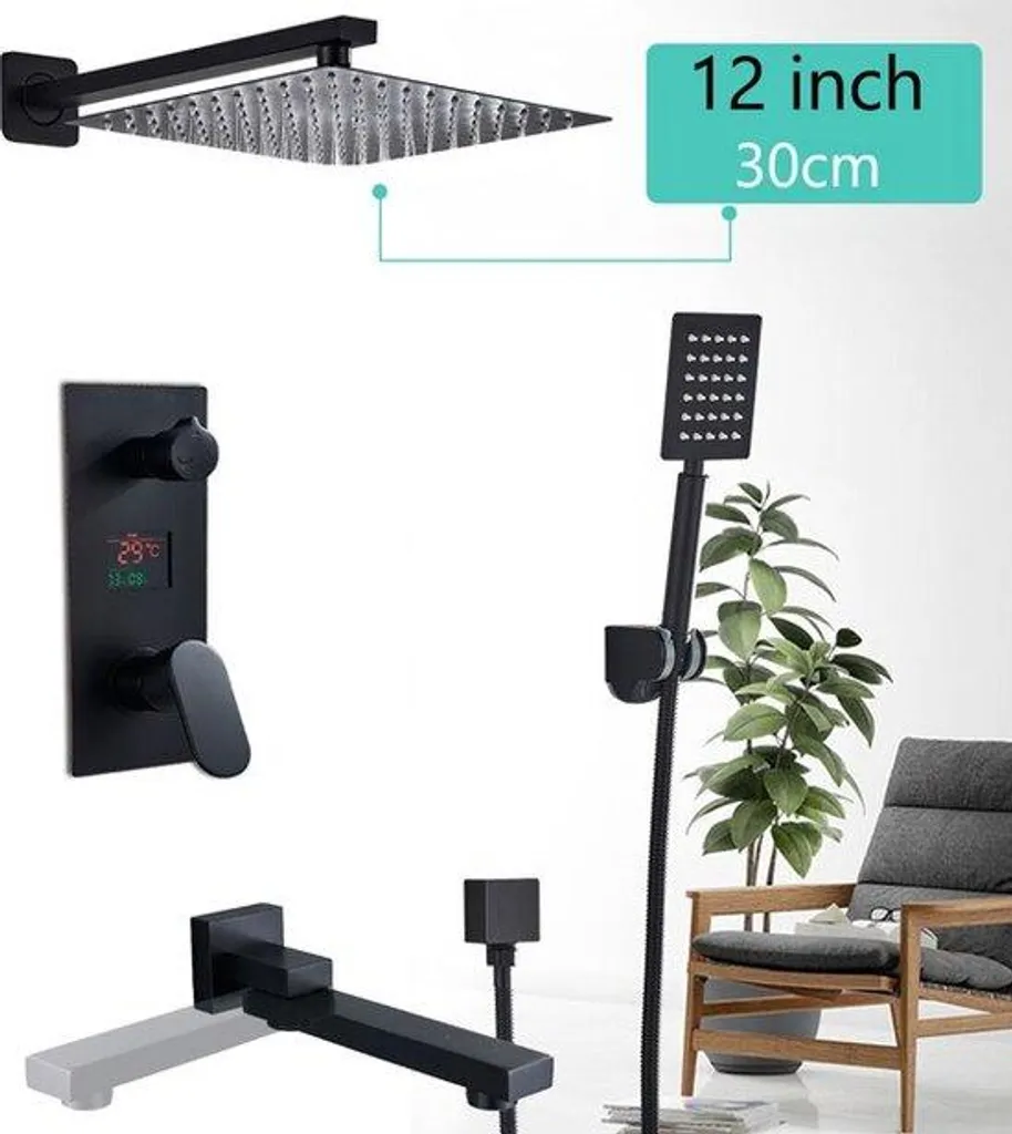 Colonne de douche noir mat effet pluie avec pommeau LED design moderne