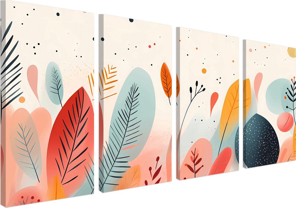 Wandbild Wanddeko Blätter auf Leinwand - ökologische Tinte, Wasserfest - 4 Teilig 60x120 cm Leinwandbilder für wohnzimmer, schlafzimmer