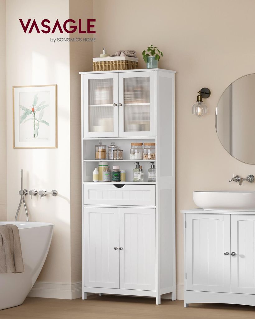 A white bathroom cabinet is shown in a well-lit bathroom setting, next to a bathtub and sink.