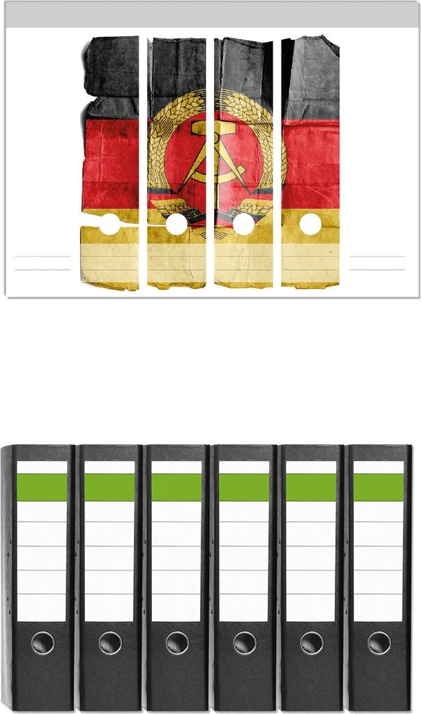 Wallario 6 Stück breite Ordner inkl. Klebeetiketten mit Motive DDR Flagge auf altem Papier - schwarz rot gold - Set mit Rückenschildern / Ordnerr...
