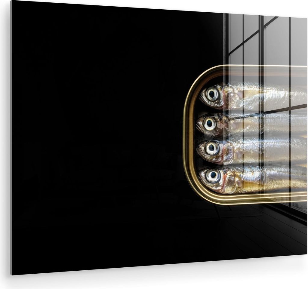 MuchoWow Glasbilder - Bilder auf Wandbild - Foto auf Glas Sardinen - Dose - Schwarz - Fisch 80x60 cm Wanddekoration aus Glas - Acrylglasbild - Acry...