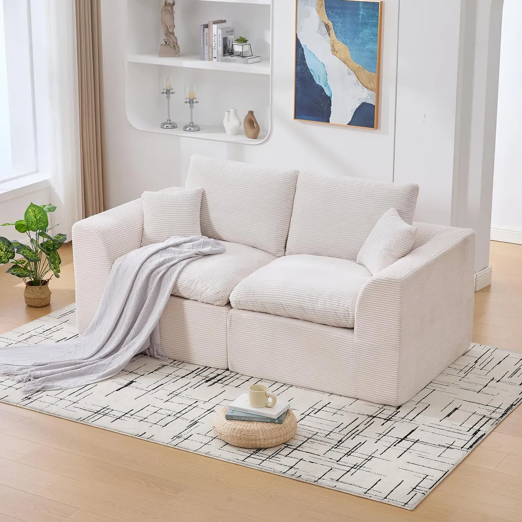 Canapé Velours Côtelé Beige 204cm avec Assise Ressorts et Mousse