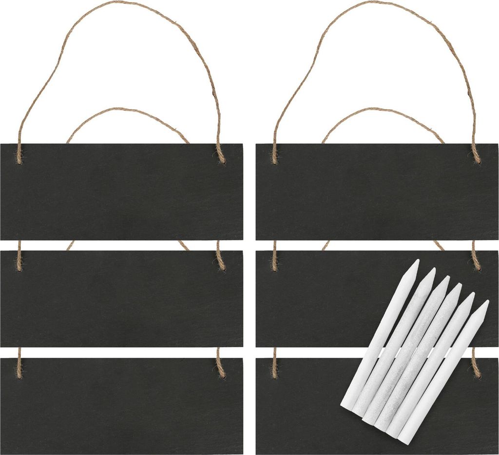 Rechteckige Notiztafeln aus Schiefer mit Seil und Kreidestiften – 25 cm x 10 cm – Schwarz – 6er-Pack