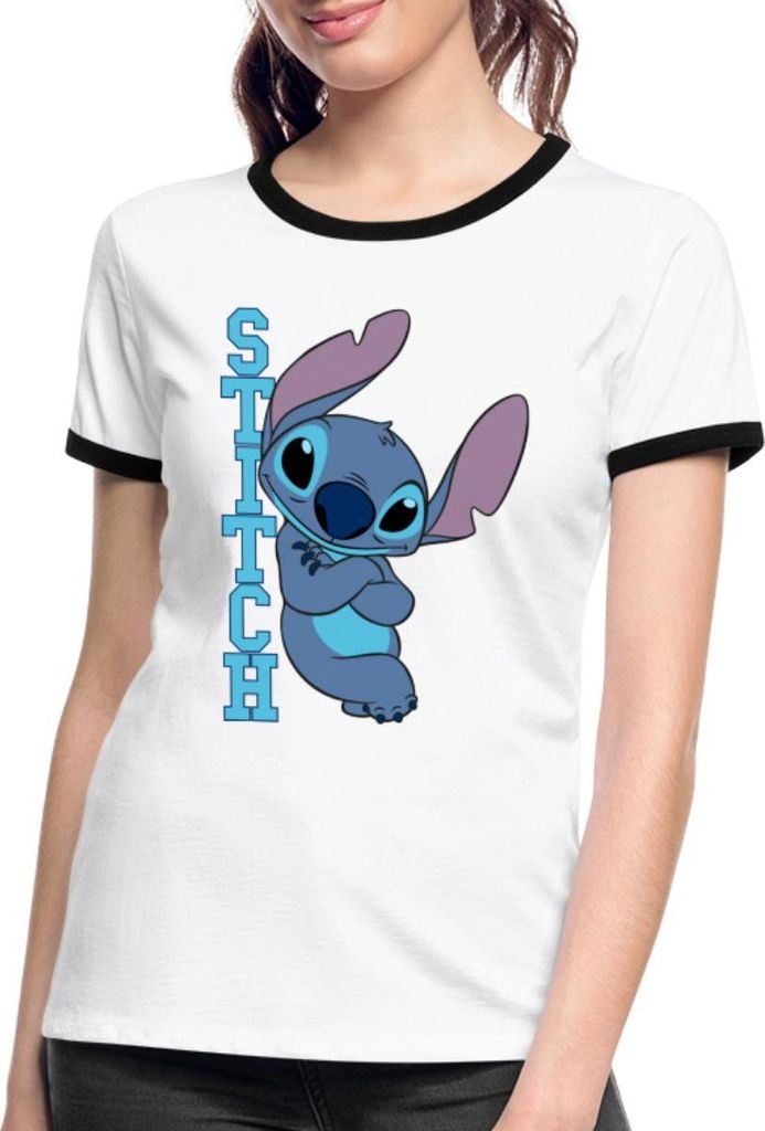 Lilo & Stitch | Stitch Mit Schriftzug Frauen Kontrast T-Shirt, L, Weiß/Schwarz
