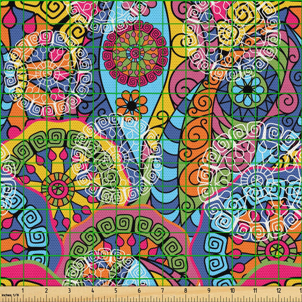 ABAKUHAUS Blumen Gewebe als Meterware, Hippie-Art-Zusammenfassung blüht mit aztekischen Stammes- geometrischen Trippy Boho antiken Zahlen, 1 M (14...