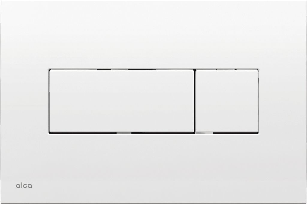 A white flush plate with two buttons for a toilet cistern.