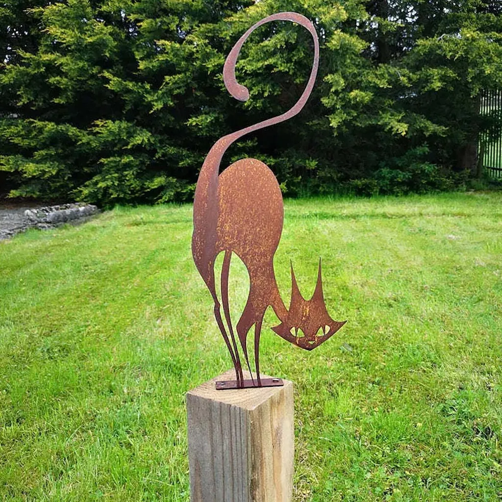 Ornement de Jardin Chat en Fonte Rouillée - Sculpture Animale pour Mur