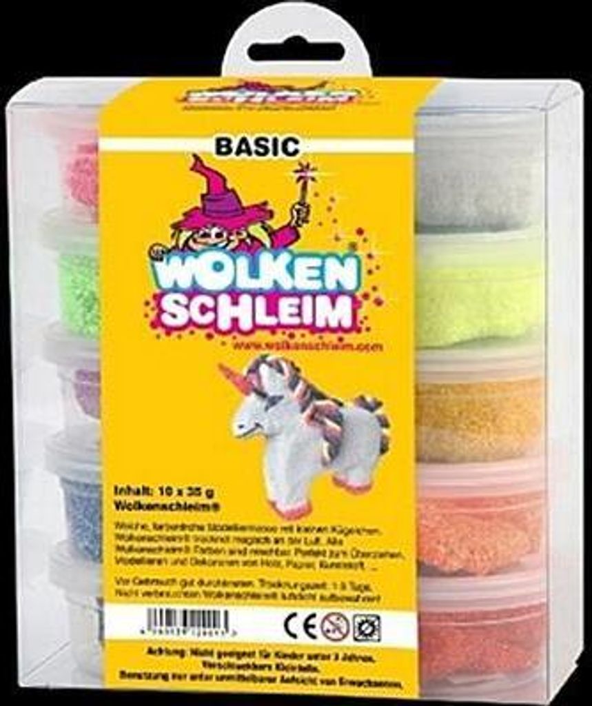 A product package containing multiple small containers of colorful slime.