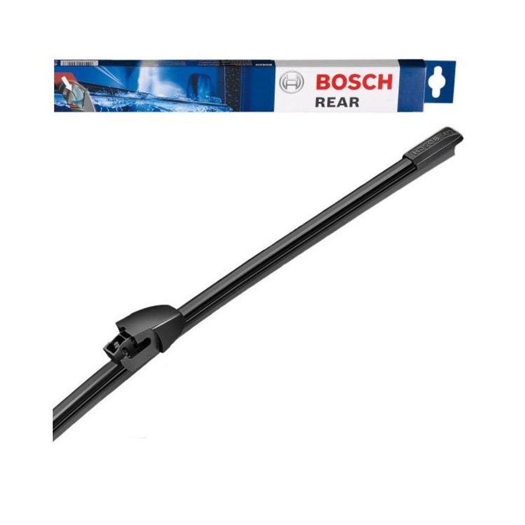 A Bosch rear windshield wiper blade is shown against a white background, with its packaging visible at the top.