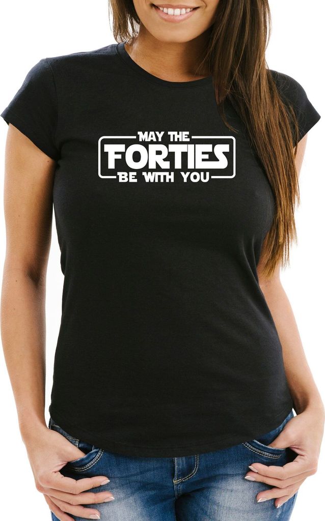 Damen T-Shirt May the Forties be with you 40 Vierzig Vierzigster Geburtstag Fun-Shirt Moonworks schwarz XS