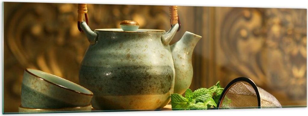 Bilder auf glas - Tee Kräuter Tassen Tradition - 160x50cm - Glasbilder - Wandbilder - Kunstdruck - zum Aufhängen bereit - Wanddekoration aus Glas...