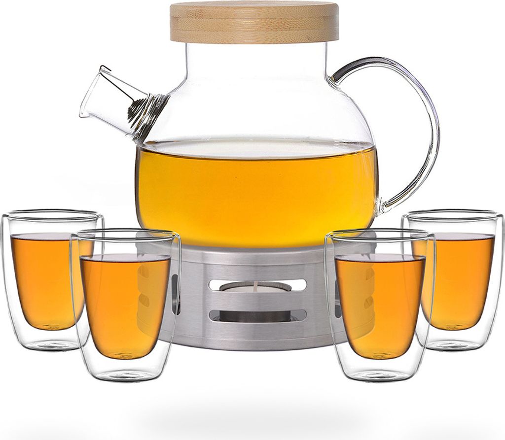 Kira Teeset / Teeservice / Teekanne Glas 900ml mit Tüllensieb, Bambusdeckel, Stövchen und 4 doppelwandige Teegläser je 100ml