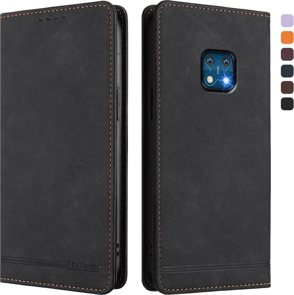 Hülle für Nokia XR20, Retro Kunstleder Ständer Klapphülle mit Kartenfächer und Magnetische Schwarz