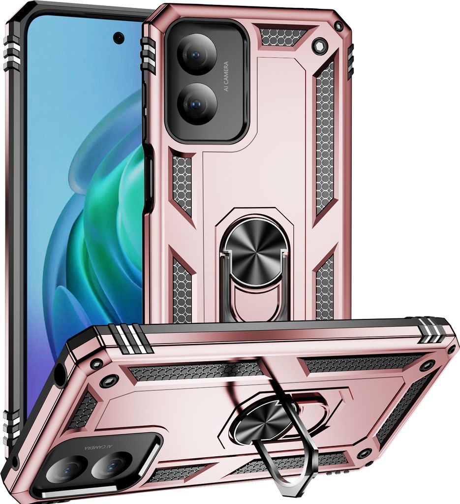 Schutzhülle für Motorola Moto G Play 2024 4G Dual Layer Robust Militäre Fallschutz Hülle mit Ringhalterung Ständer Roségold