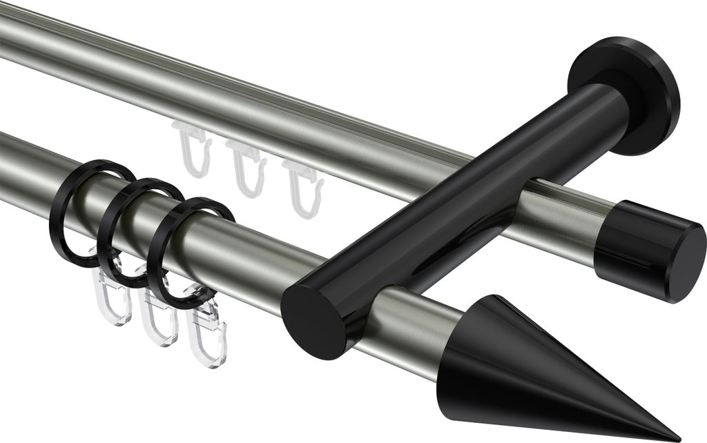 Interdeco Rundrohr-Innenlaufstange / Gardinenstange (Kombination) Edelstahl-Optik / Schwarz, Typ Platon Savio (Kegel), 20 mm Ø 2-läufig, 160 cm