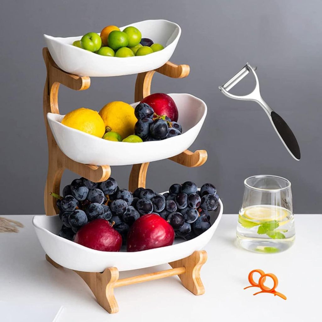Keramische Obstschale mit 3 Etagen und Bambusständer - Porzellan Obstkorb für Gemüseaufbewahrung - Snack Dessert Torten Servierplatte Geschirrst...