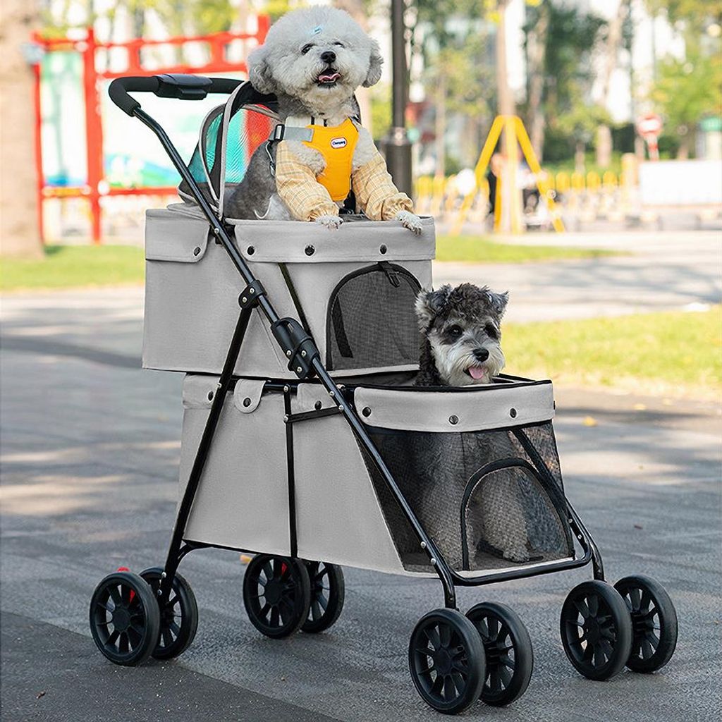 Klappbarer Hundewagen,2 Etagen Hundewagen für Kleine Hunde und Katzen,Pet Stroller Hundebuggy,Haustiere Buggy kleine Hunde Katzen bis 20kg,Grau
