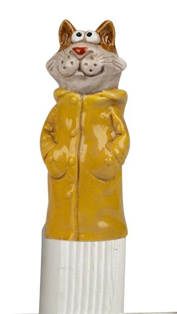 Garten Zaundeko Zaunhocker 1 Katze Figur, Steinzeug handbemalt, Gelb / Grün, 20 cm