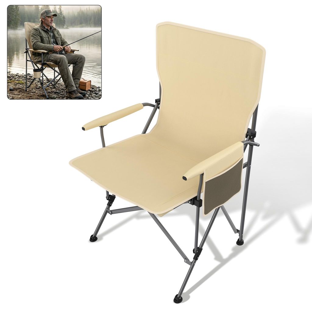 XMTECH Klappbarer Angelstuhl Outdoor mit Tragetasche, Campingstuhl mit Becherhalter & Seitentasche, Leichter Faltstuhl für Angeln, Camping, Creme