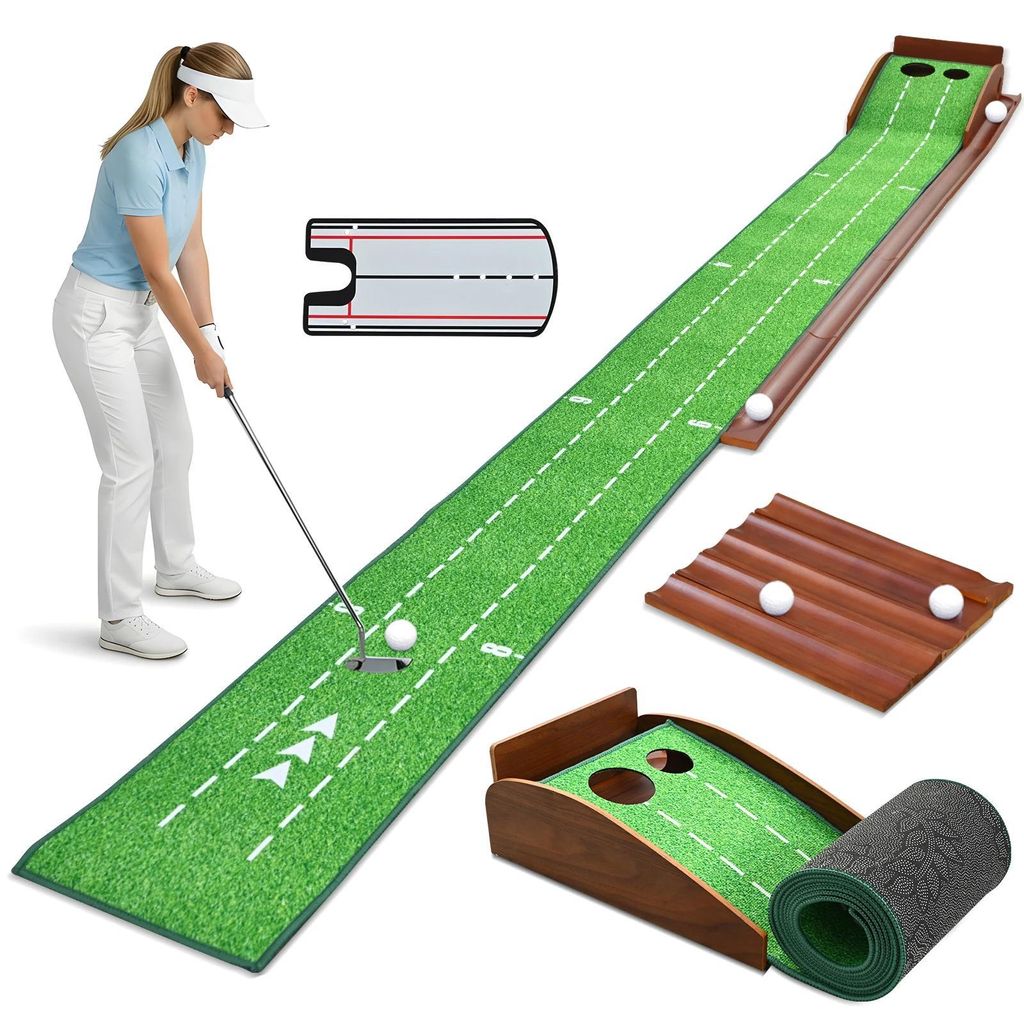 Golf Puttingmatte - Trainingsmatte - Zwei Löcher - Automatischer Ballrücklauf - Ausrichtungshilfen - Massive Holzschienen - Innen/Außen - Grün