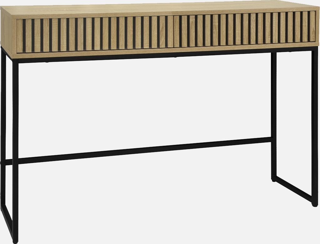 A console table with a fluted wood-effect drawer front and black metal legs, presented against a plain white background.