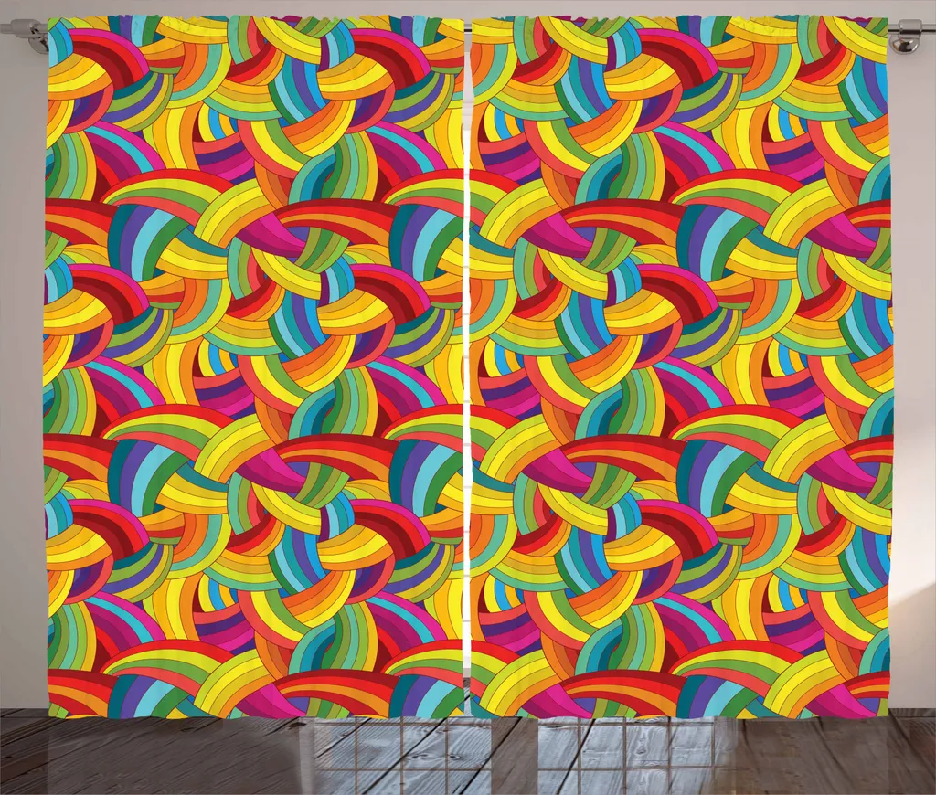ABAKUHAUS Tenda psichedelica rustica, arcobaleno colorato, tenda con passanti e ganci per camera da letto, 280 x 245 cm, multicolore