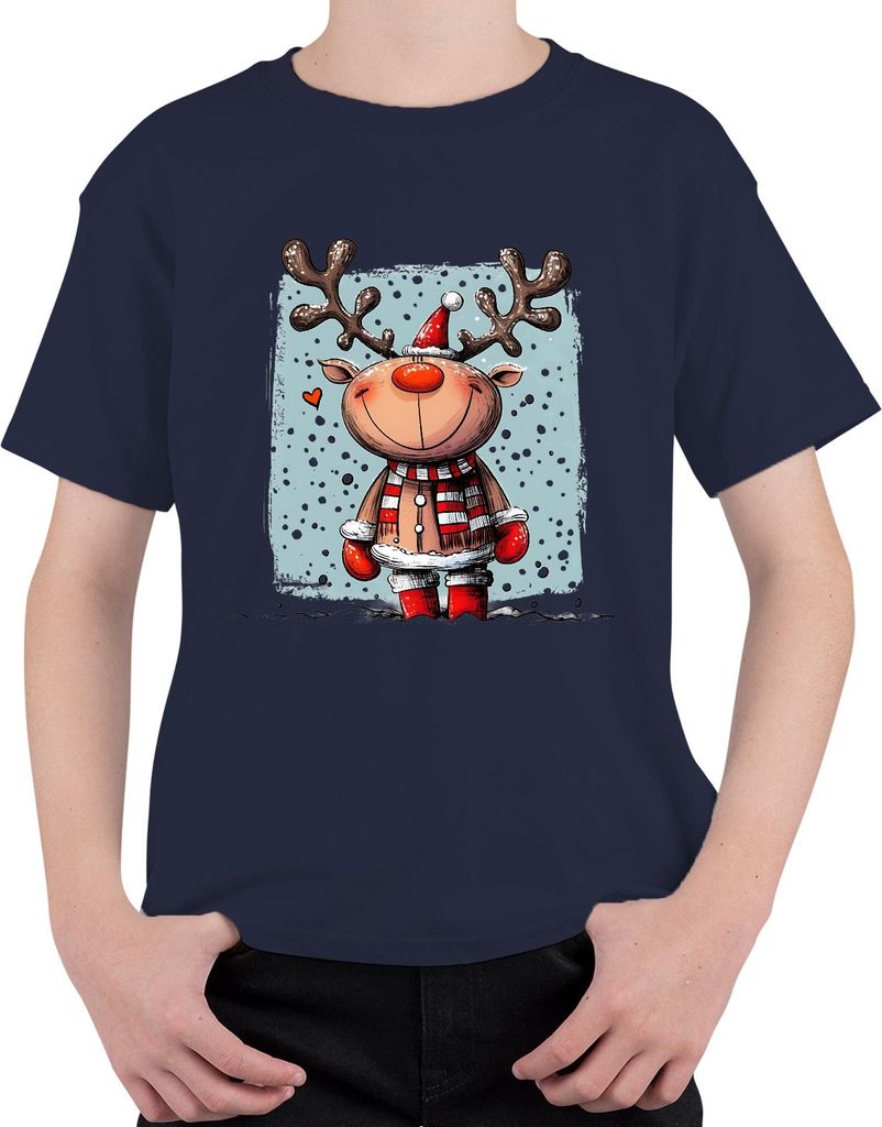 Niedliches Weihnachtsrentier Schal Herz Schneeflocken lustig Uni Kinder T-Shirt, Navy, 128