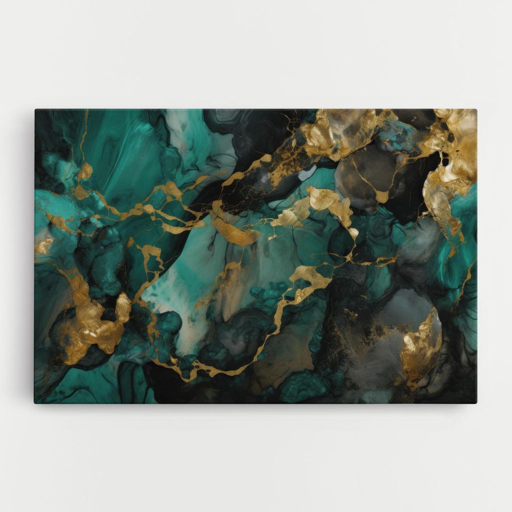 ARTHUB Leinwandbild 50x70 cm, Dark Green Golden Marble | Wohnzimmerdekoration, Hängende Bilder, Wanddekoration, Heimdekoration, Abstrakte, Marmor