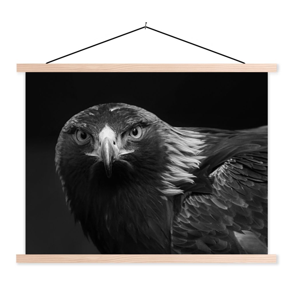 MuchoWow Textilposter Bussard - Vogel - Tiere - Schwarz - Weiß 120x90 cm mit holzfarbenen Rahmen - Magnetisch