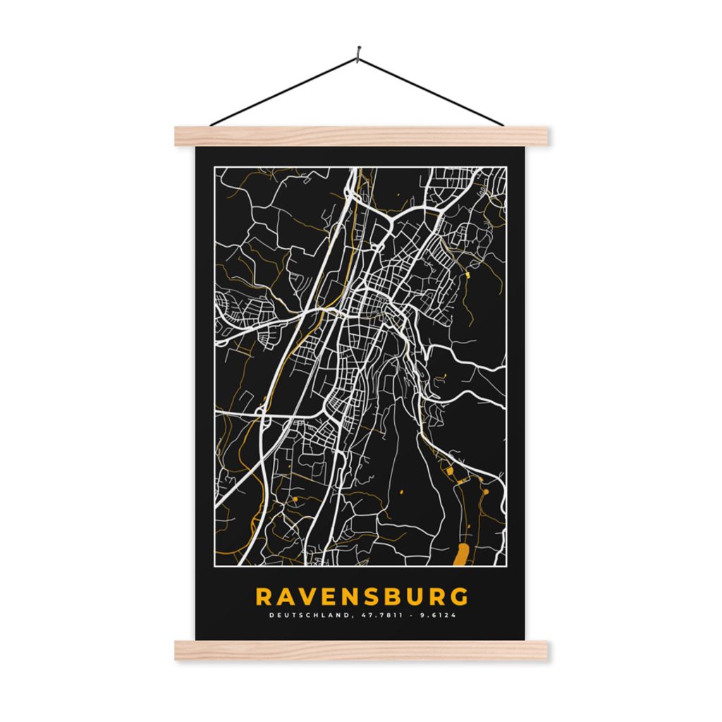 MuchoWow Textilposter Gold - Deutschland - Karte - Stadtplan - Ravensburg 40x60 cm mit holzfarbenen Rahmen - Poster