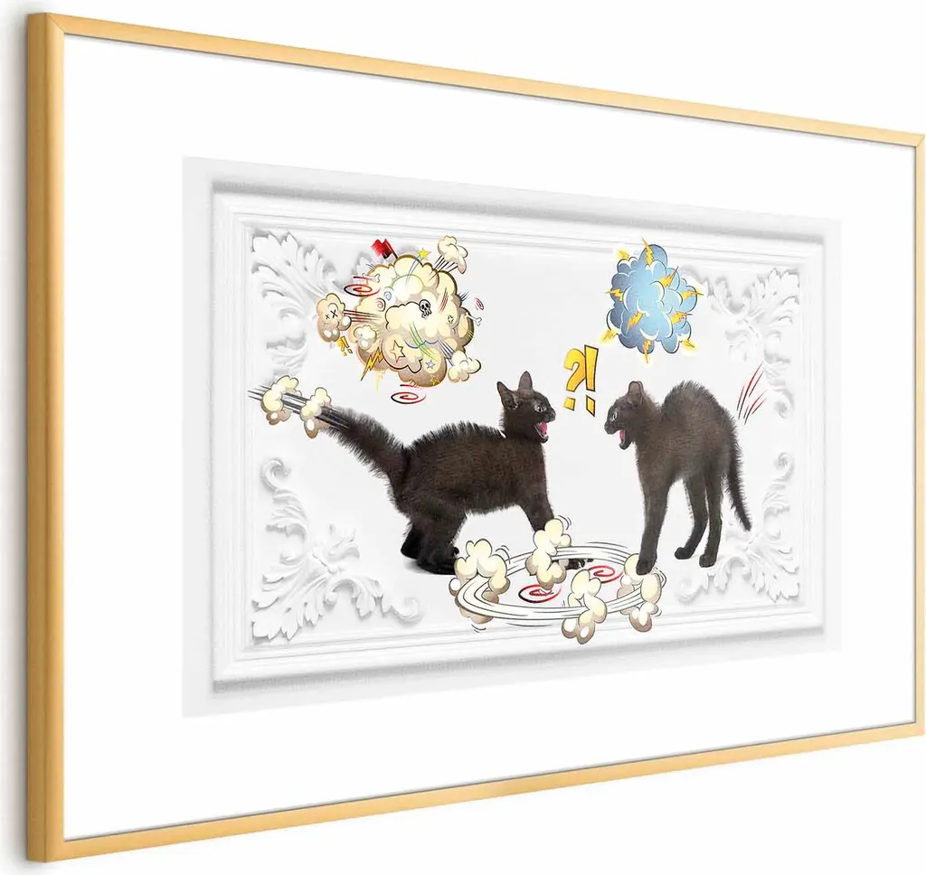 Offerta Poster Cat Quarrel 90x60 con Cornice Oro e Margine Bianco