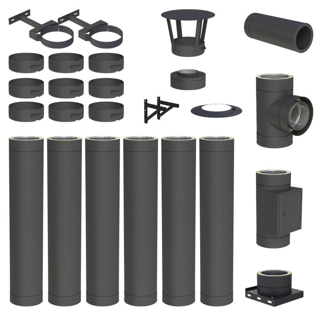 6,7 m Edelstahlschornstein Ø 150 mm Komplettset doppelwandig DW-Black Wandmontage