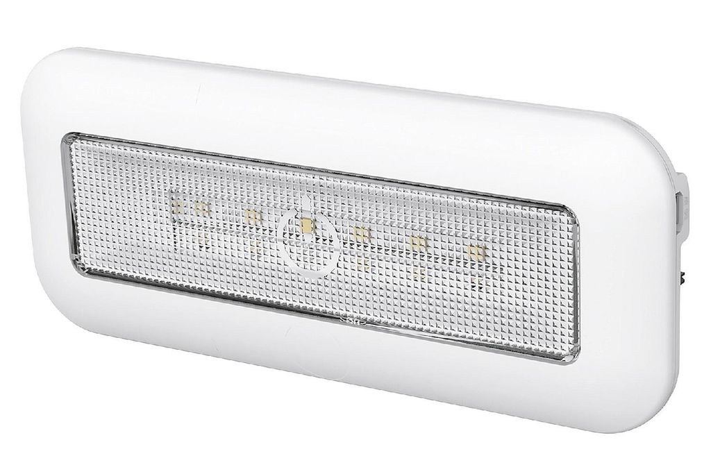 A white LED battery-powered light fixture with a textured lens.