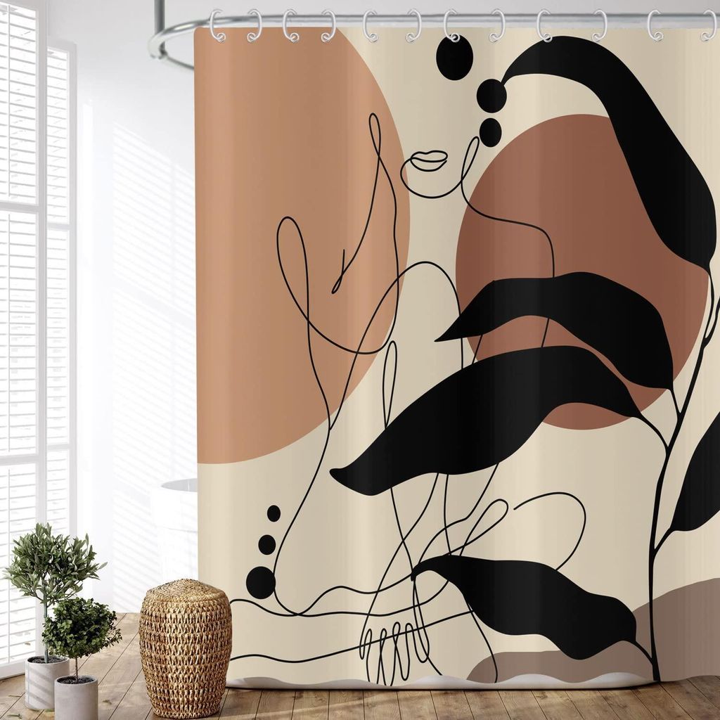 Duschvorhang im Boho-Stil, 180 x 180 cm, modernes abstraktes Kunstmotiv mit Boho-Mädchen-Körperlinie, waschbar, Polyestergewebe, wasserdicht, Dus...