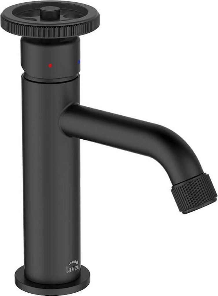 A black washbasin faucet with a round handle.