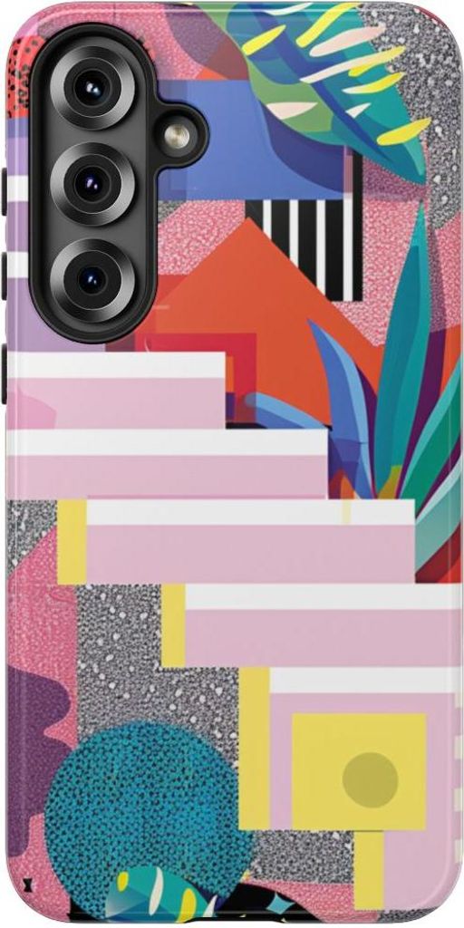 Buntes abstraktes Design mit geometrischen Formen und botanischen Elementen – Hülle Kompatibel mit Samsung Galaxy S25 Plus