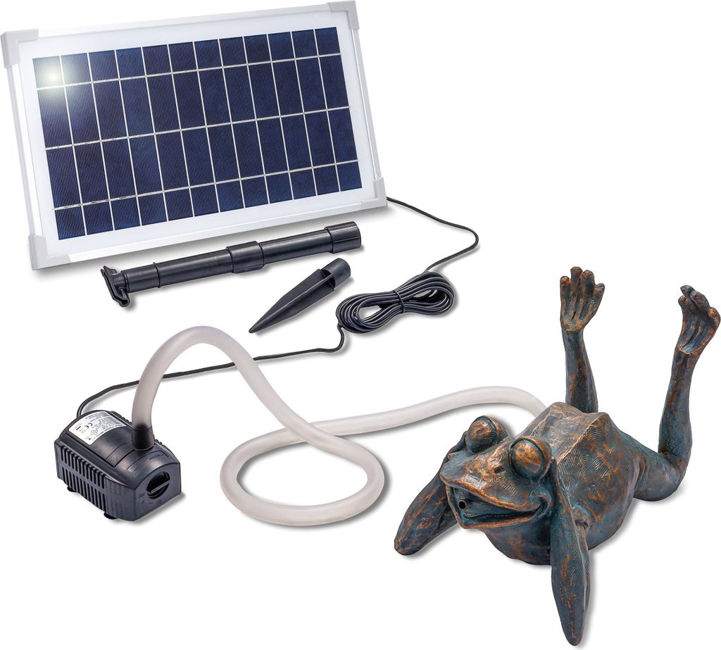 A solar-powered fountain pump with a frog-shaped water spout and a solar panel.