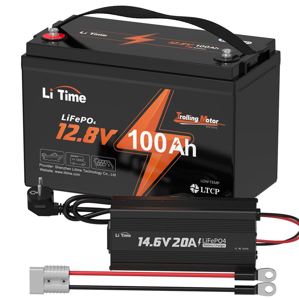 LiTime 12V 100Ah TM LiFePO4 Batterie mit 14.6V 20A Ladegerät